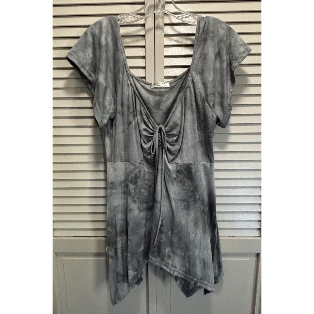 Gray Short Sleeve Tie Bust Shark Bite Hem Top Size 4XL HAN YJ Fashion Soft Flowy